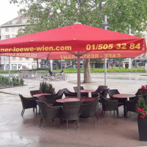 CORFU Gross Schirm 5m x 5m mit KURBELÖFFNER 100mm Stock bedruckt nach Kundenwusch